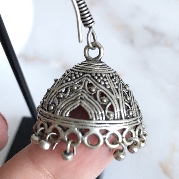 Silver Plated Brass Jhumka Earrings Oxidized Look - Picture 4 of 7